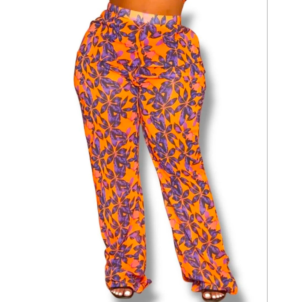 PrettyLittleThing Plus Orange Print Beach Flares Pants US 18 NWT
